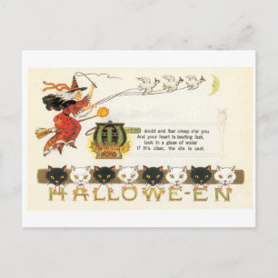 Carte Postale Halloween, sorcière et chats à l'ancienne