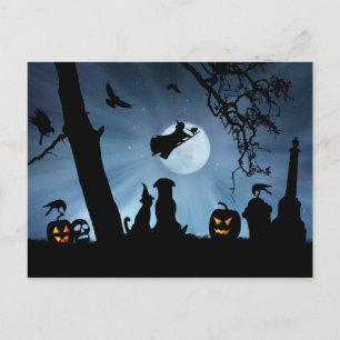 Carte Postale Halloween super mignonne sorcière et chat et chien
