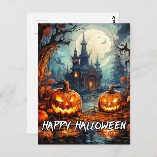 Carte Postale Halloween tristement ancienne maison hantée (Devant / Derrière)