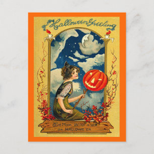 Carte Postale Halloween vintage, Citrouille, Fille, mignonne