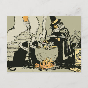 Carte Postale Halloween vintage, sorcière avec Cauldron et Chats