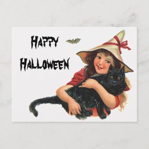 Carte Postale Halloween vintage, sorcière avec chat noir