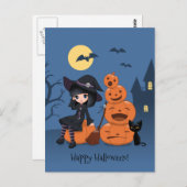 Carte Postale Halloween Witch, Chat noir et Citrouille (Devant / Derrière)