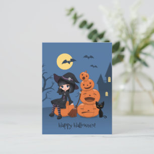 Carte Postale Halloween Witch, Chat noir et Citrouille