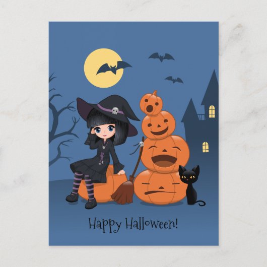 Carte Postale Halloween Witch, Chat noir et Citrouille (Devant)