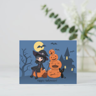 Carte Postale Halloween Witch, Chat noir et Citrouille