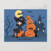 Carte Postale Halloween Witch, Chat noir et Citrouille (Devant)