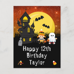 Carte Postale Halloween Witch Ghost Orange Joyeux anniversaire