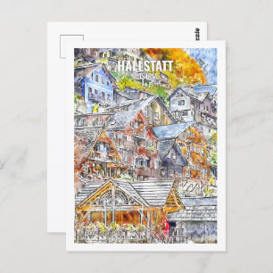 Carte Postale Hallstatt Autriche Famous Travel Aquarelle Sketch