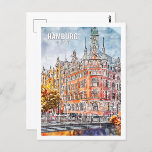 Carte Postale Hambourg Allemagne Fameux Travel Place Watercolor