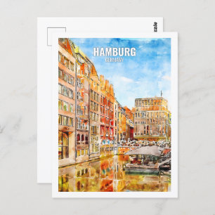Carte Postale Hambourg Allemagne Fameux Voyage Aquarelle Sketch