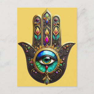 Carte Postale Hamsa Brun Coloré Troisième Œil Arc-en-Ciel