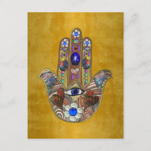 Carte Postale Hamsa Coeurs Fleurs Opal Art sur Or