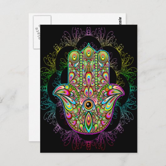 Carte Postale Hamsa Fatma Main Psychedelic Art (Devant / Derrière)