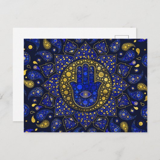 Carte Postale Hamsa Main - Main - Fatima Dot Art Lapis Lazuli (Devant / Derrière)