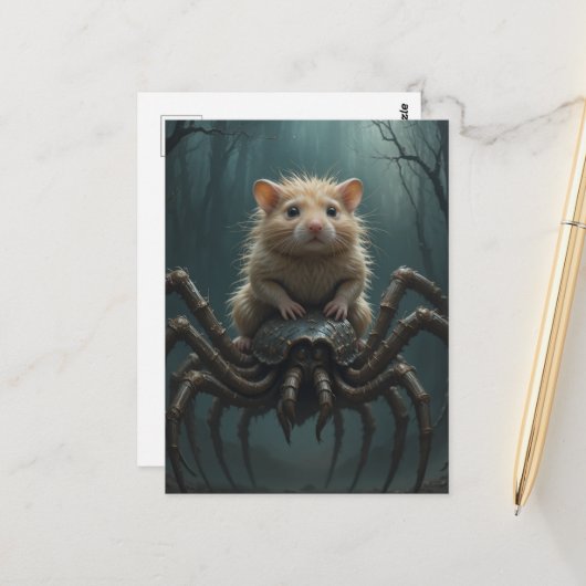 Carte Postale Hamster montant une araignée (Devant/Arrière en situation)