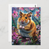 Carte Postale Hamster parmi les fleurs roses (Devant / Derrière)