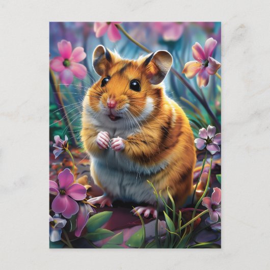 Carte Postale Hamster parmi les fleurs roses (Devant)