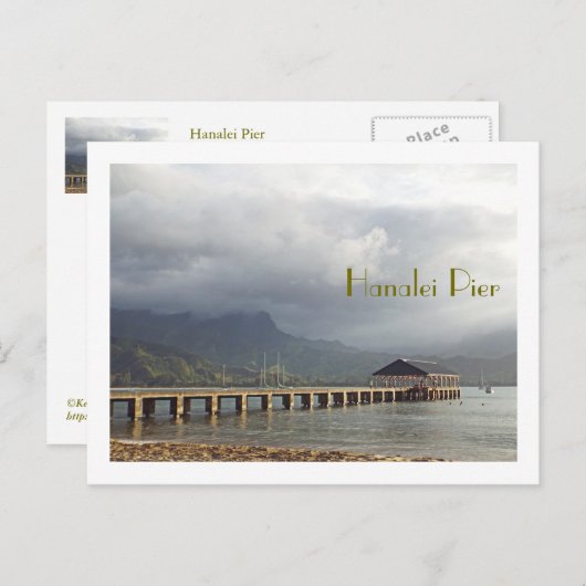 carte postale, "HANALEI PIER AVEC NUAGES SURPOIDS" (Devant / Derrière)