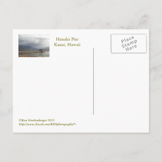 carte postale, "HANALEI PIER AVEC NUAGES SURPOIDS" (Dos)