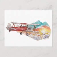 Hand Painted Biplane Bush Plane Sunset Watercolor