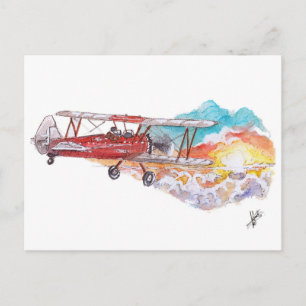 Carte Postale Hand Painted Biplane Bush Plane Sunset Watercolor