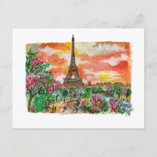 Carte Postale Hand Painted Eiffel Tower Paris Watercolor Art