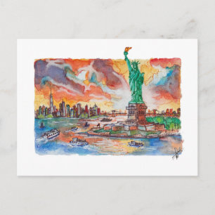 Carte Postale Hand Painted New York Liberty Statue Watercolor