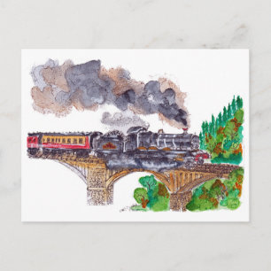 Carte Postale Hand Painted Steam Train Locomotive Watercolor
