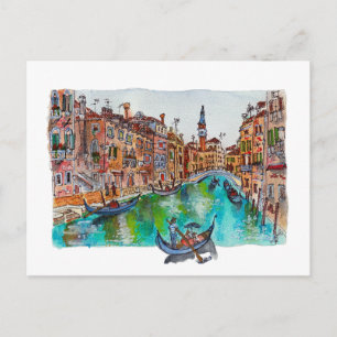 Carte Postale Hand Painted Venice Canals and gondolas Watercolor