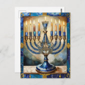 Carte Postale Hanoukka bleue Menorah (Devant / Derrière)