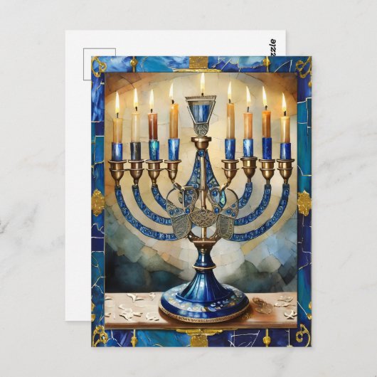 Carte Postale Hanoukka bleue Menorah (Devant / Derrière)
