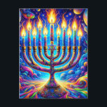 Carte Postale Hanoukka menorah aglow en couleurs psychédéliques<br><div class="desc">Célébrez l'esprit d'Hanoukka,  avec sa menorah aglow dans une symphonie de couleurs psychédéliques,  chaque flamme un phare d'espérance et de joie au milieu d'un univers de motifs et de lumière. 🕎 🌈 ✨</div>