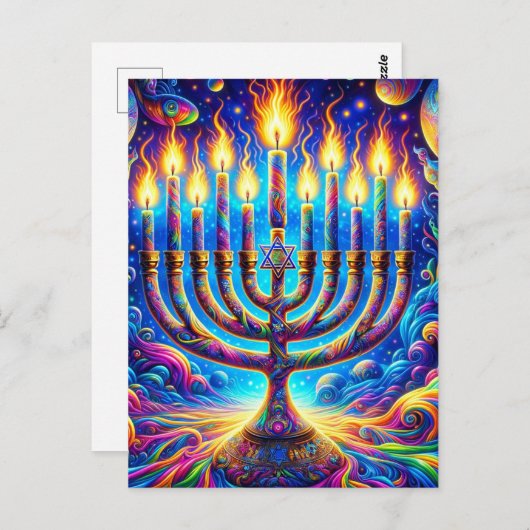 Carte Postale Hanoukka menorah aglow en couleurs psychédéliques (Devant / Derrière)