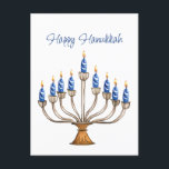 Carte Postale Hanoukka Menorah avec des bougies bleues, blanches<br><div class="desc">Ménorah aquarelle avec bougies bleues et blanches. Heureux accueil Hanoukka peut être changé. L'IA a aidé graphisme acheté à des fins commerciales. Oeuvre : CosmicMeta</div>