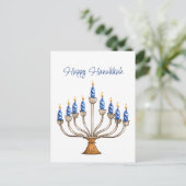 Carte Postale Hanoukka Menorah avec des bougies bleues, blanches (Debout devant)