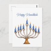 Carte Postale Hanoukka Menorah avec des bougies bleues, blanches (Devant / Derrière)