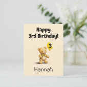 Carte Postale Happy 3rd Birthday, Personalized Teddy Bear Card, (Debout devant)