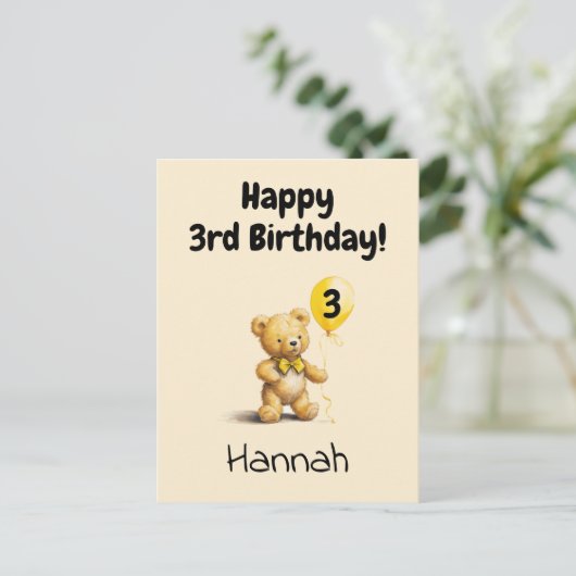 Carte Postale Happy 3rd Birthday, Personalized Teddy Bear Card,  (Debout devant)