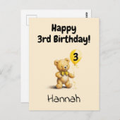 Carte Postale Happy 3rd Birthday, Personalized Teddy Bear Card,  (Devant / Derrière)