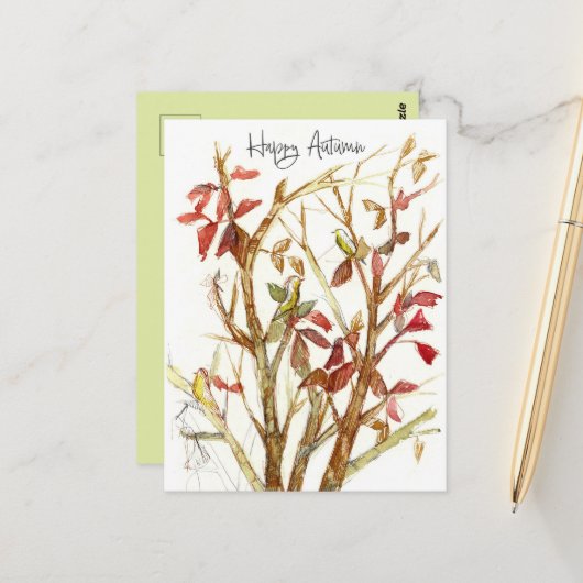 Carte Postale Happy Autumn Fall Colors Tree Birds Branches (Devant/Arrière en situation)