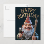 Carte Postale "Happy Birthday" Gnome Toasting with Red Wine (Devant / Derrière)