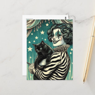 Carte Postale Happy Circus Clown Woman et un chat noir