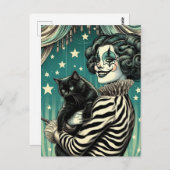 Carte Postale Happy Circus Clown Woman et un chat noir (Devant / Derrière)