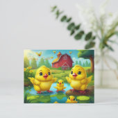 Carte Postale Happy Easter Yellow Chicks in a Pond by a Red Barn (Debout devant)