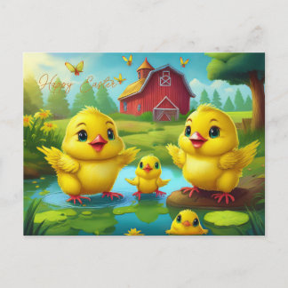 Carte Postale Happy Easter Yellow Chicks in a Pond by a Red Barn
