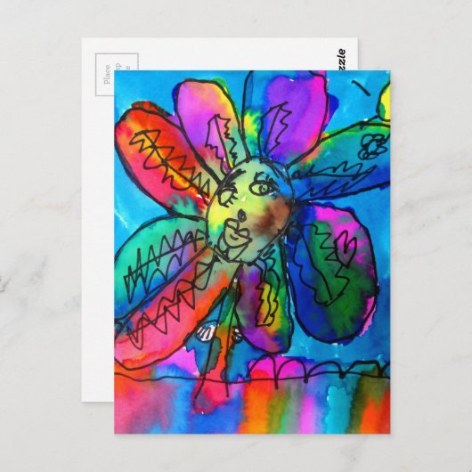 Carte Postale Happy Flower's art rose et bleu stylo et encre (Devant / Derrière)