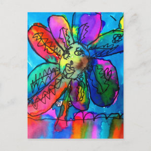 Carte Postale Happy Flower's art rose et bleu stylo et encre