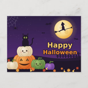Carte Postale Happy Halloween Black Cat Pumpkins Witch Moon Post