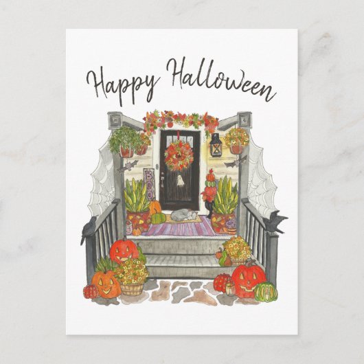Carte Postale Happy Halloween Chat aquarelle (Devant)